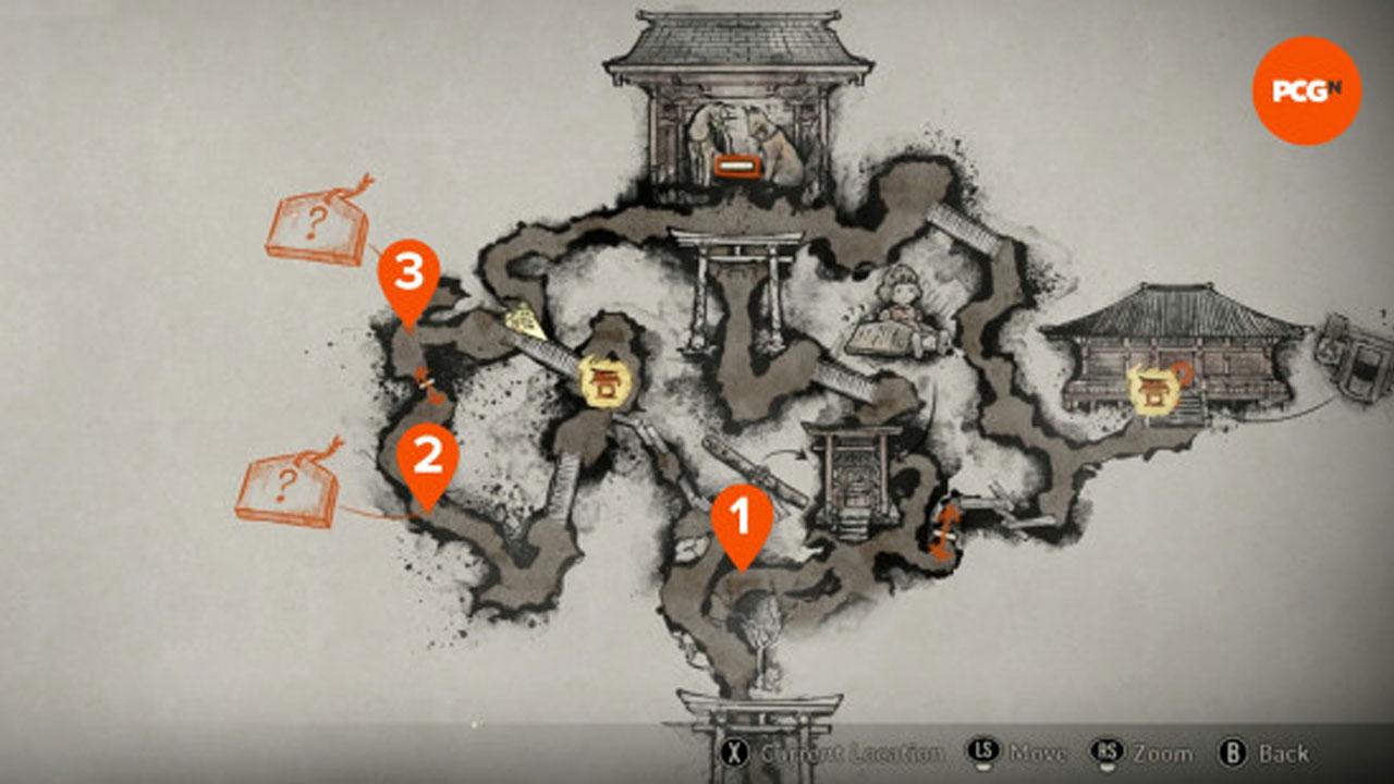 Shrine boards route diagram (north → southwest → vault)